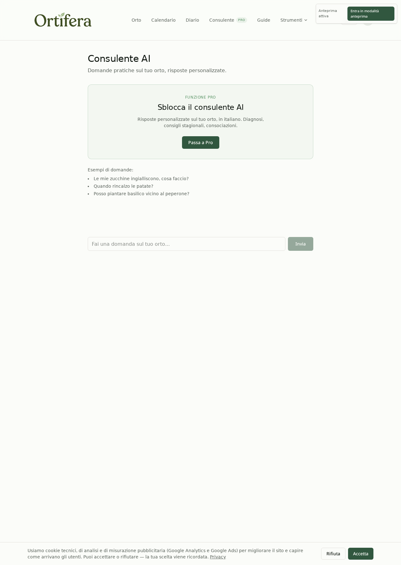 Schermata Consulente AI con blocco Pro, esempi di domande e campo per porre una domanda sull'orto