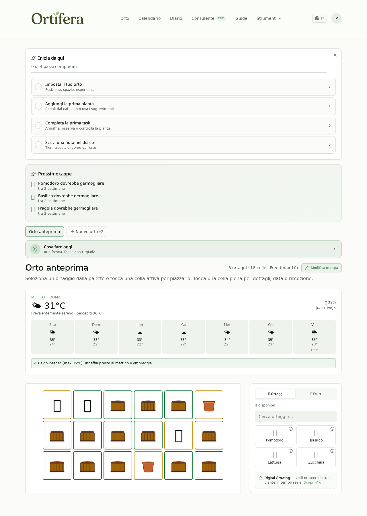 Dashboard 'Il tuo orto' con checklist iniziale, meteo, griglia dell'orto e palette delle colture