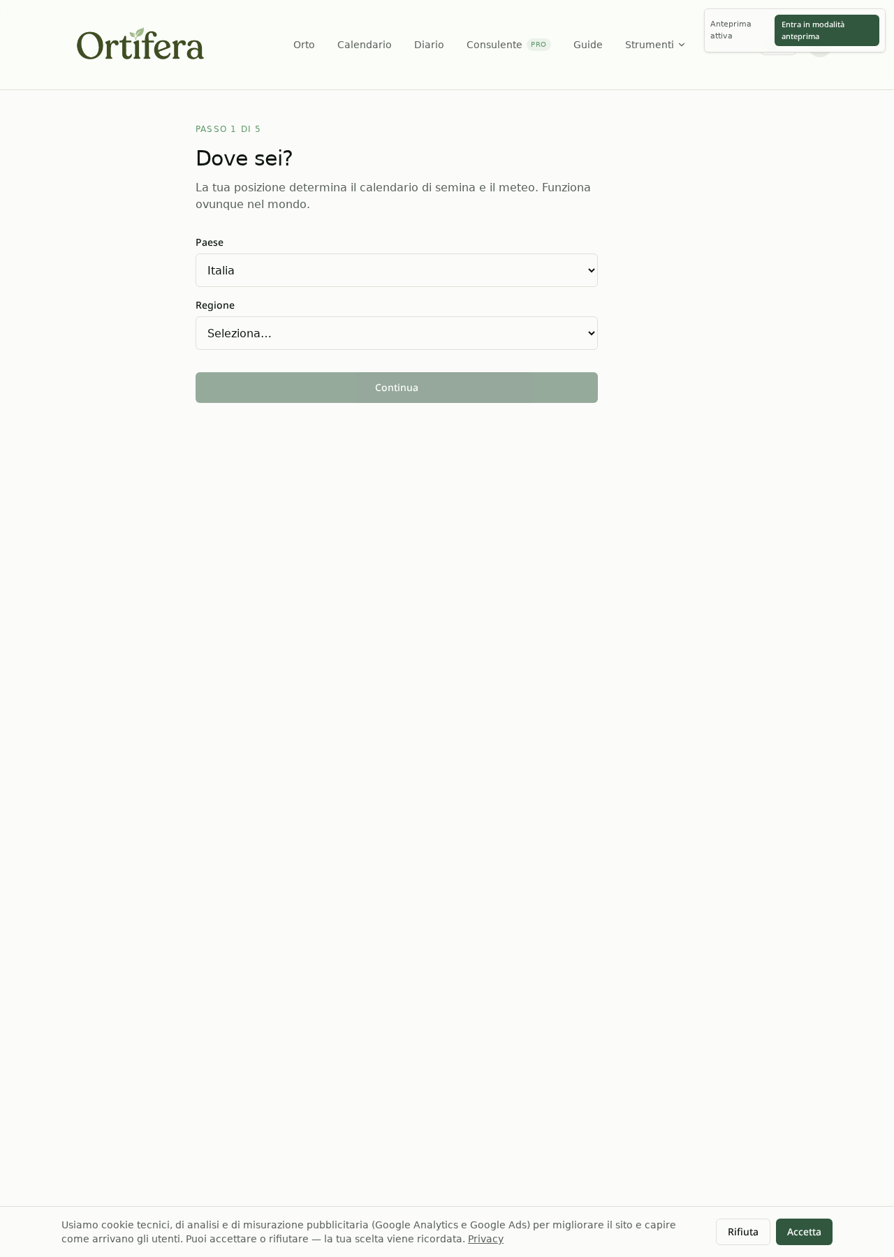 Schermata di onboarding di Ortifera con selezione di paese, regione e città