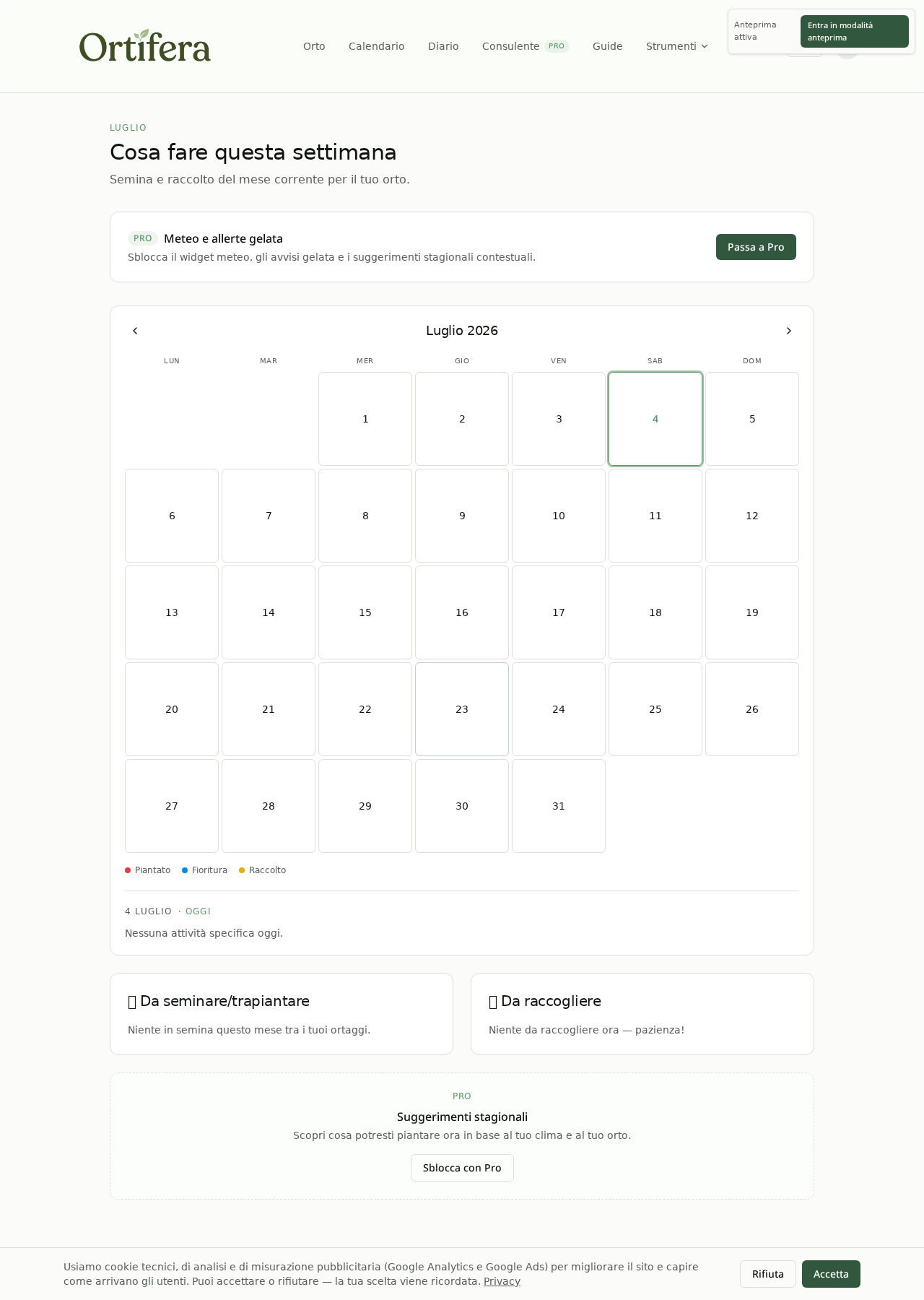 Calendario Ortifera con griglia mensile, legenda e sezioni 'Da seminare' e 'Da raccogliere'