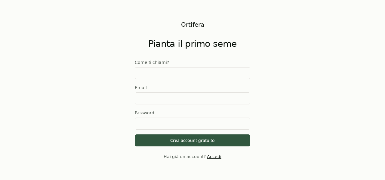 Pagina di registrazione Ortifera con form email/password e pulsante 'Continua con Google'