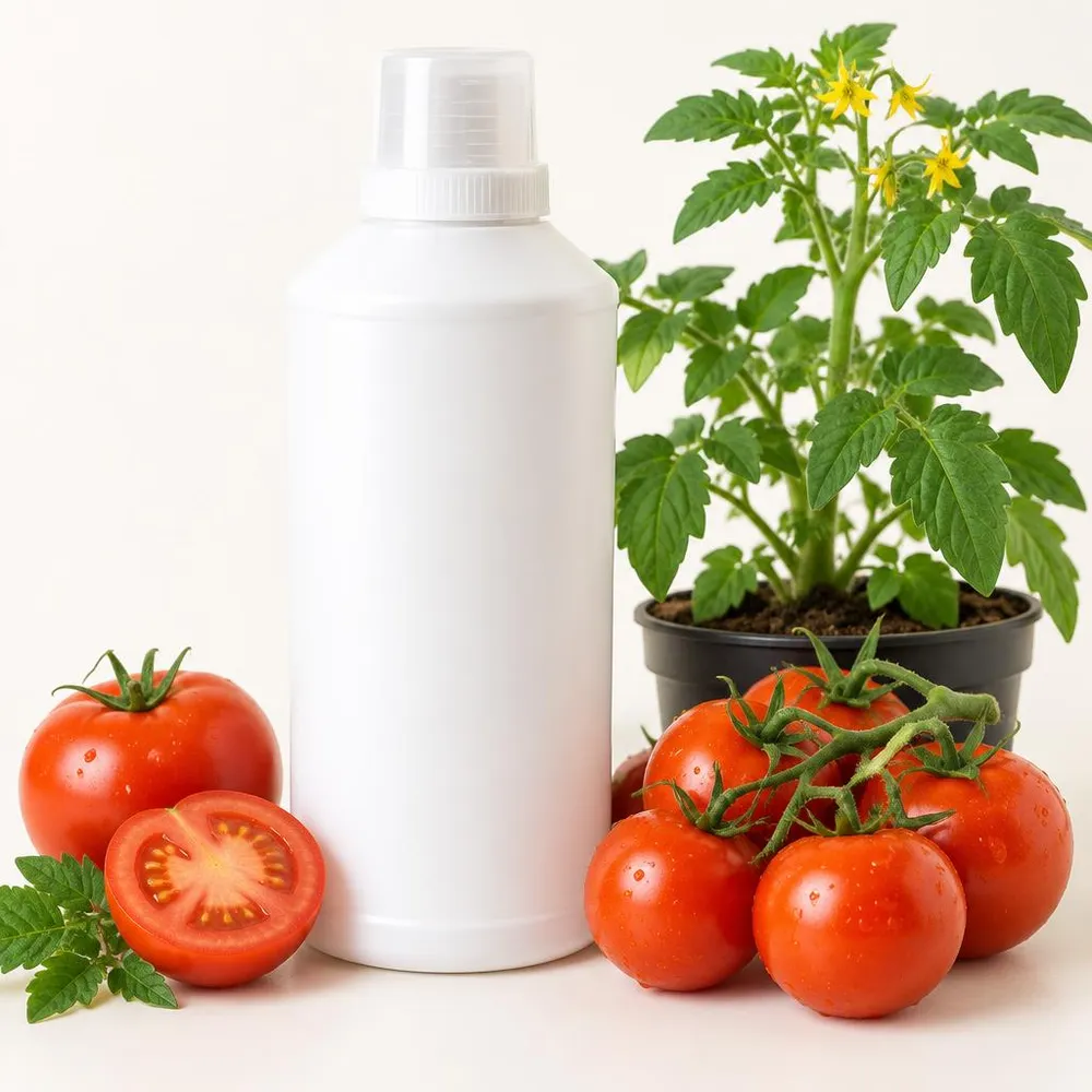 Bottiglia bianca illustrativa senza marchio accanto a pomodori maturi e una pianta di pomodoro
