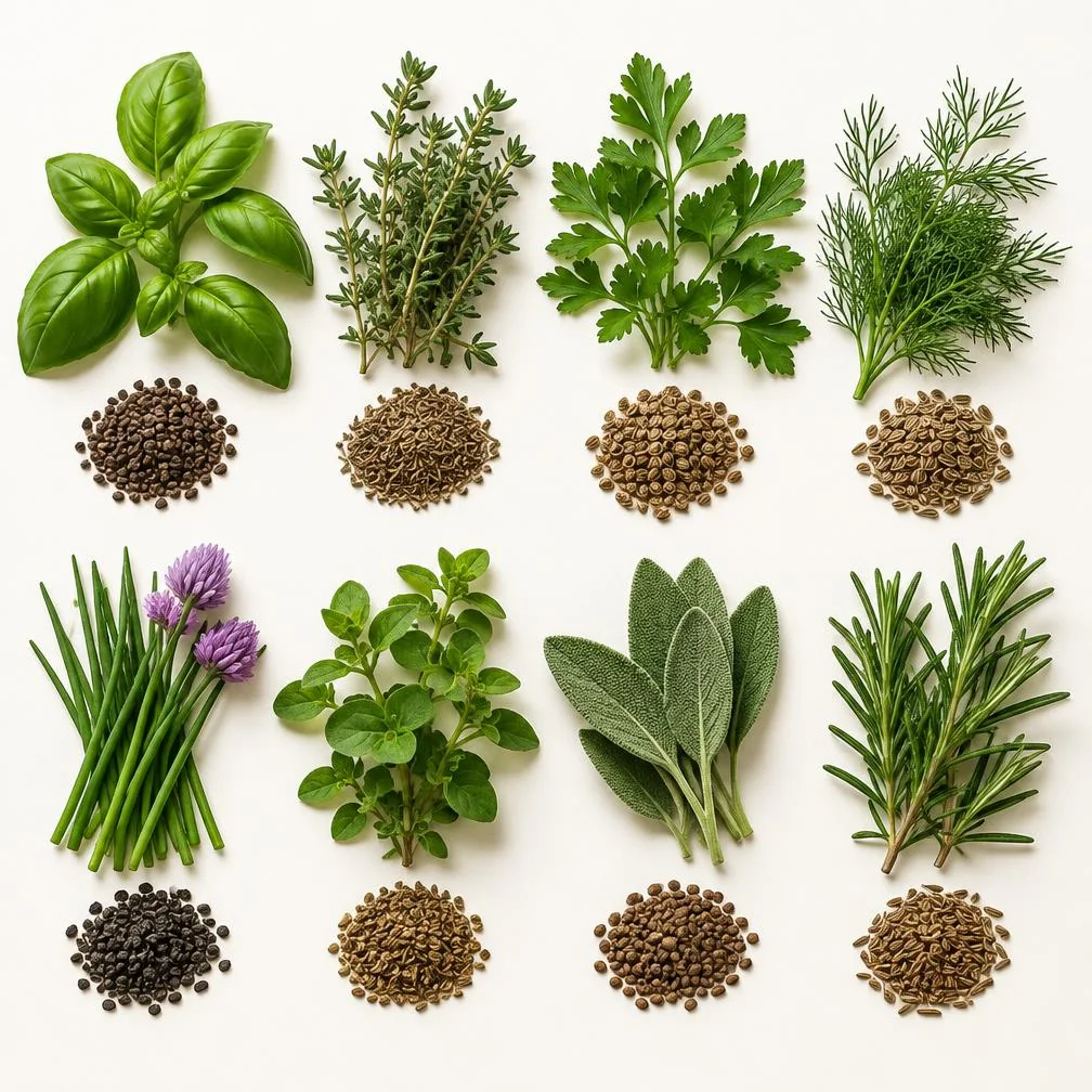 Selezione di erbe aromatiche fresche e diversi semi su fondo chiaro
