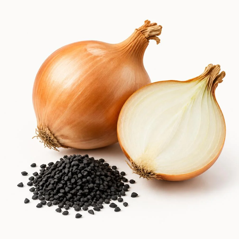 Cipolle dorate e semi neri su fondo chiaro