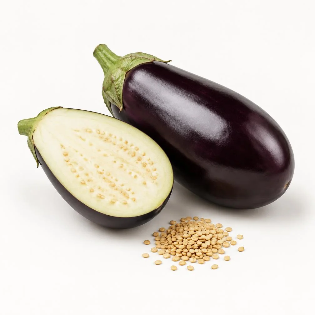 Melanzane viola e semi su fondo chiaro