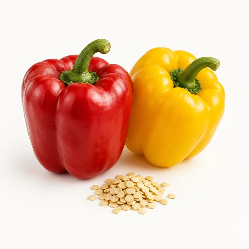 Peperoni rosso e giallo con semi su fondo chiaro