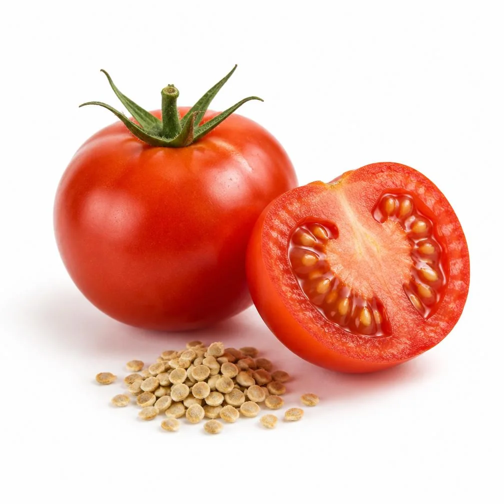 Pomodori rossi e semi di pomodoro su fondo chiaro