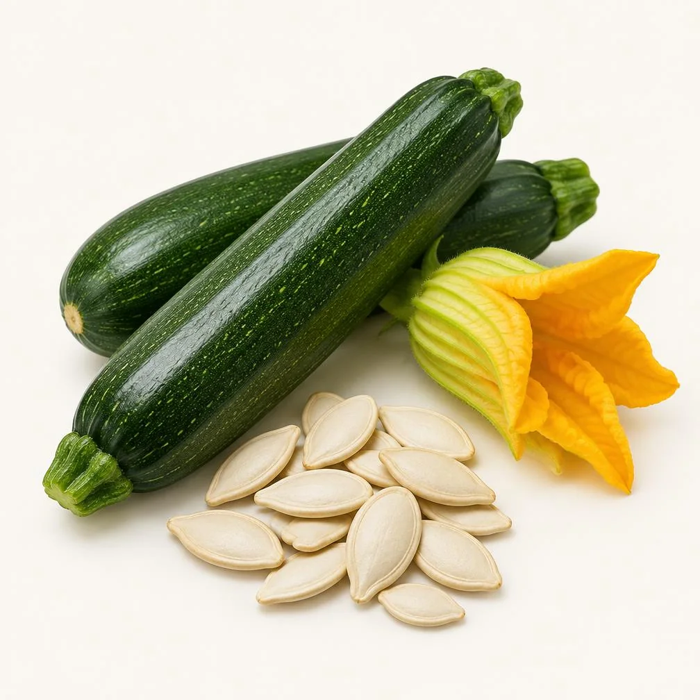 Zucchine verdi, fiore e semi su fondo chiaro