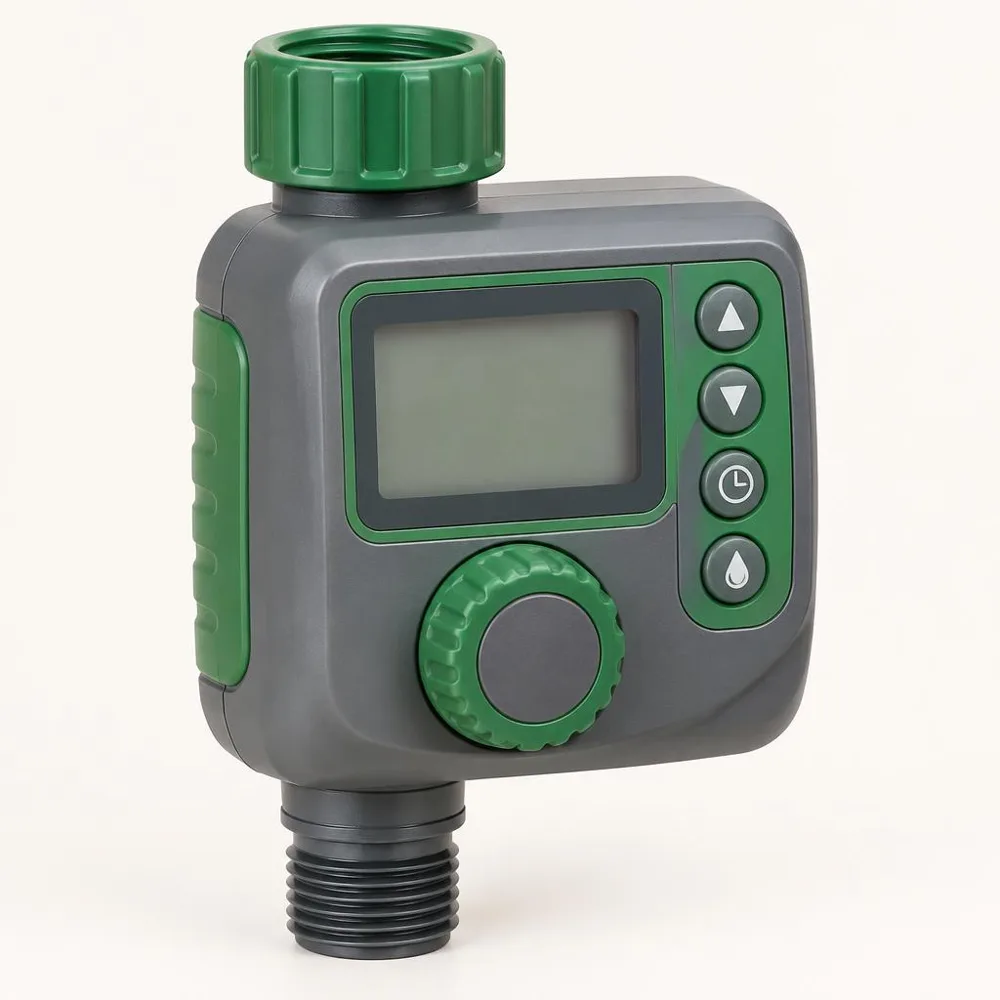 Illustrazione di un timer da rubinetto grigio e verde con display e pulsanti