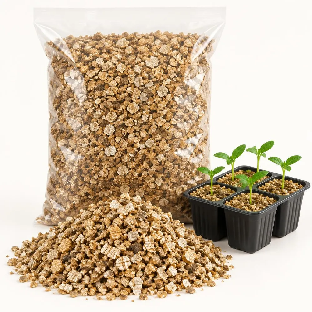 Busta trasparente illustrativa con vermiculite dorata e un piccolo semenzaio con piantine