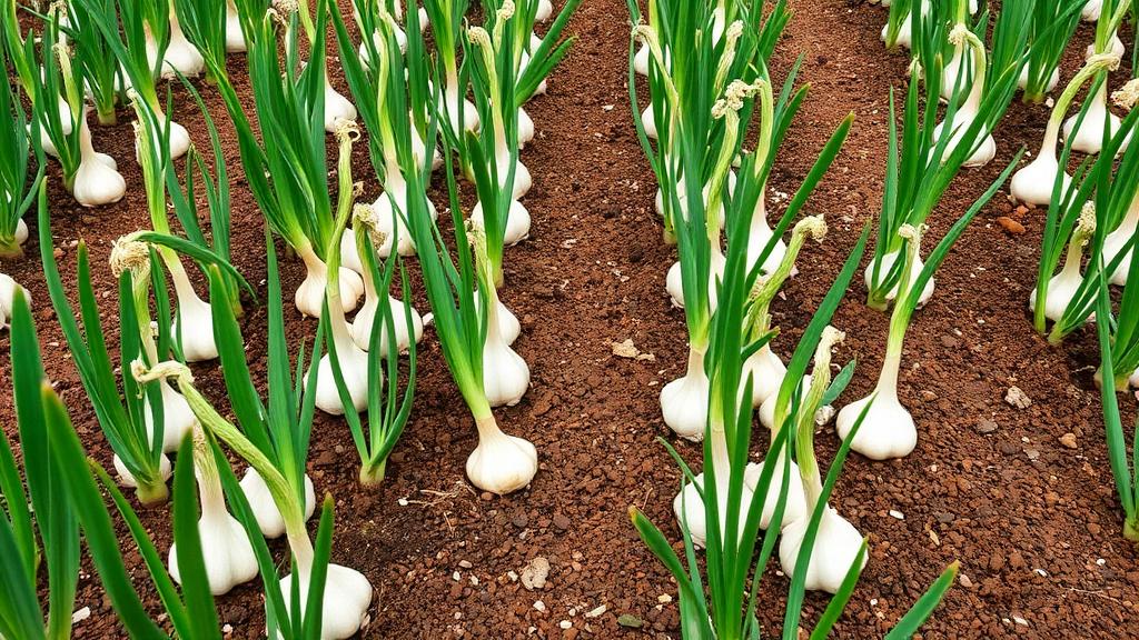 File di aglio in fioritura con scapi fiorali bianchi e teste che emergono dal terreno in un orto ordinato