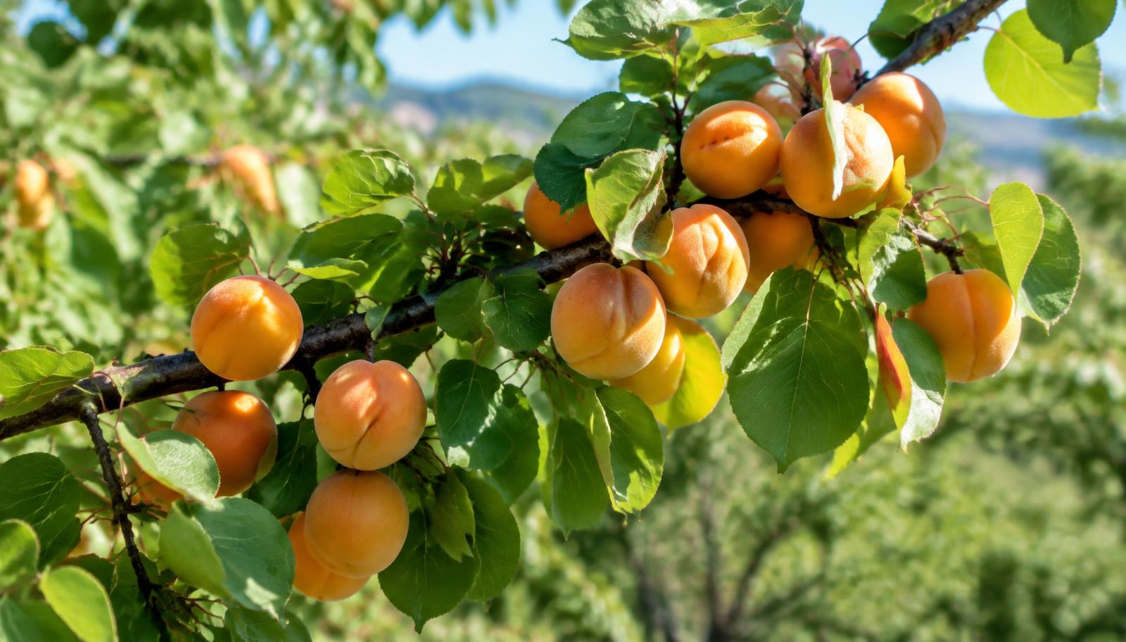 Ramo di albicocco carico di frutti arancioni maturi in un frutteto italiano a inizio estate