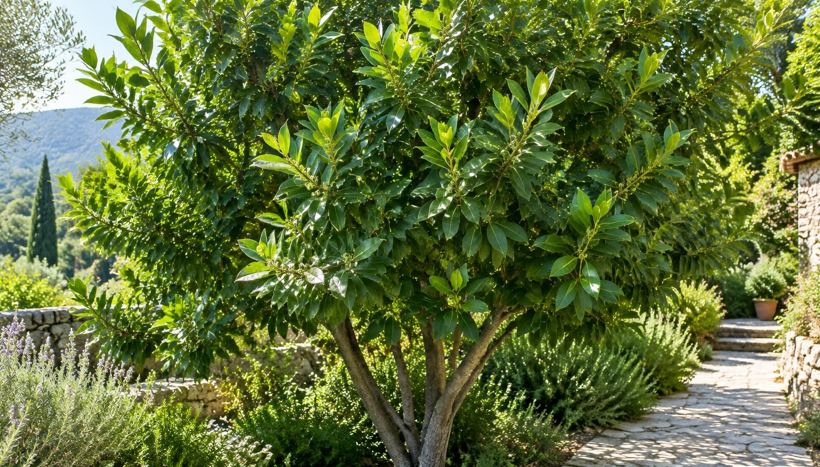 Albero di alloro sempreverde con rami densi di foglie verde scuro lucide in un giardino mediterraneo