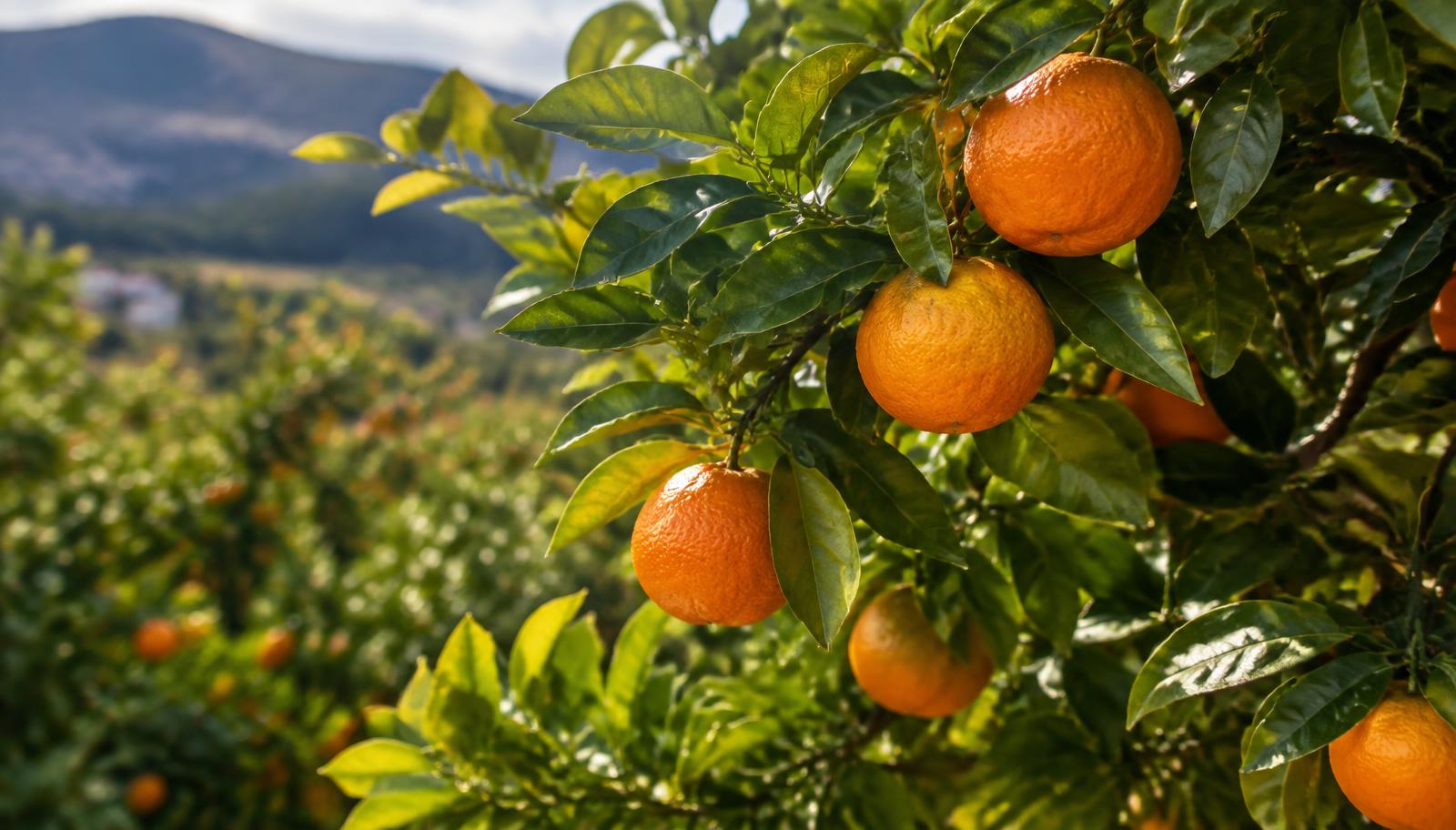 Albero di arancio con frutti arancioni maturi fra le foglie verdi in un agrumeto siciliano