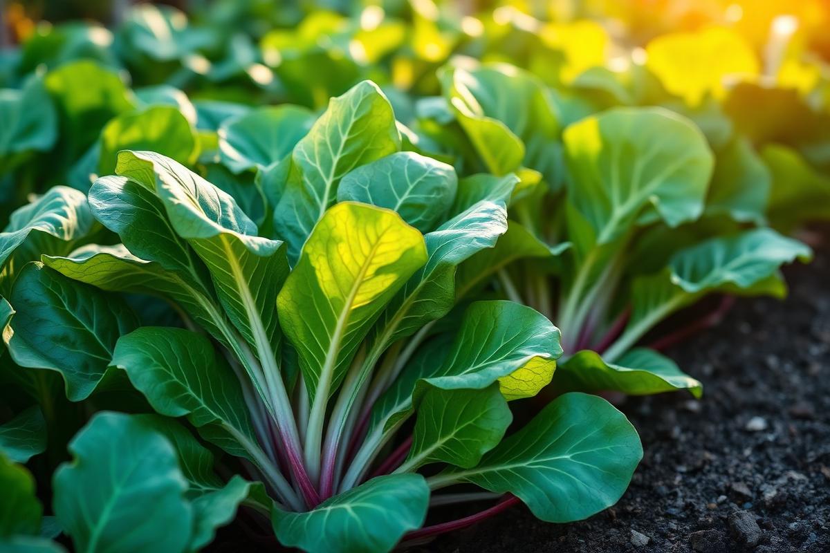 Piante di bietola con coste bianche e foglie verdi lucide in un'aiuola dell'orto