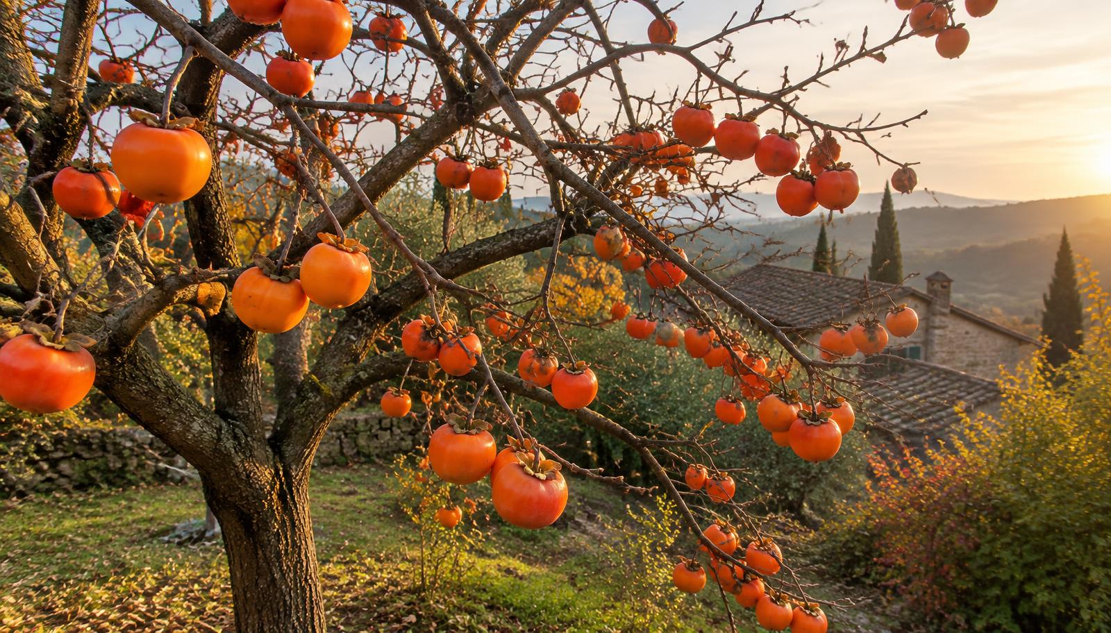 Albero di cachi spoglio in autunno carico di frutti arancioni maturi in una campagna italiana al tramonto