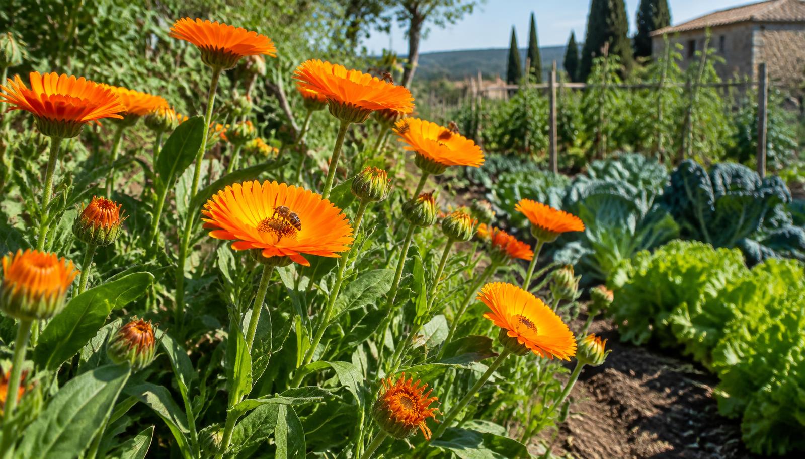 Fiori arancioni di calendula in piena fioritura ai margini di un orto