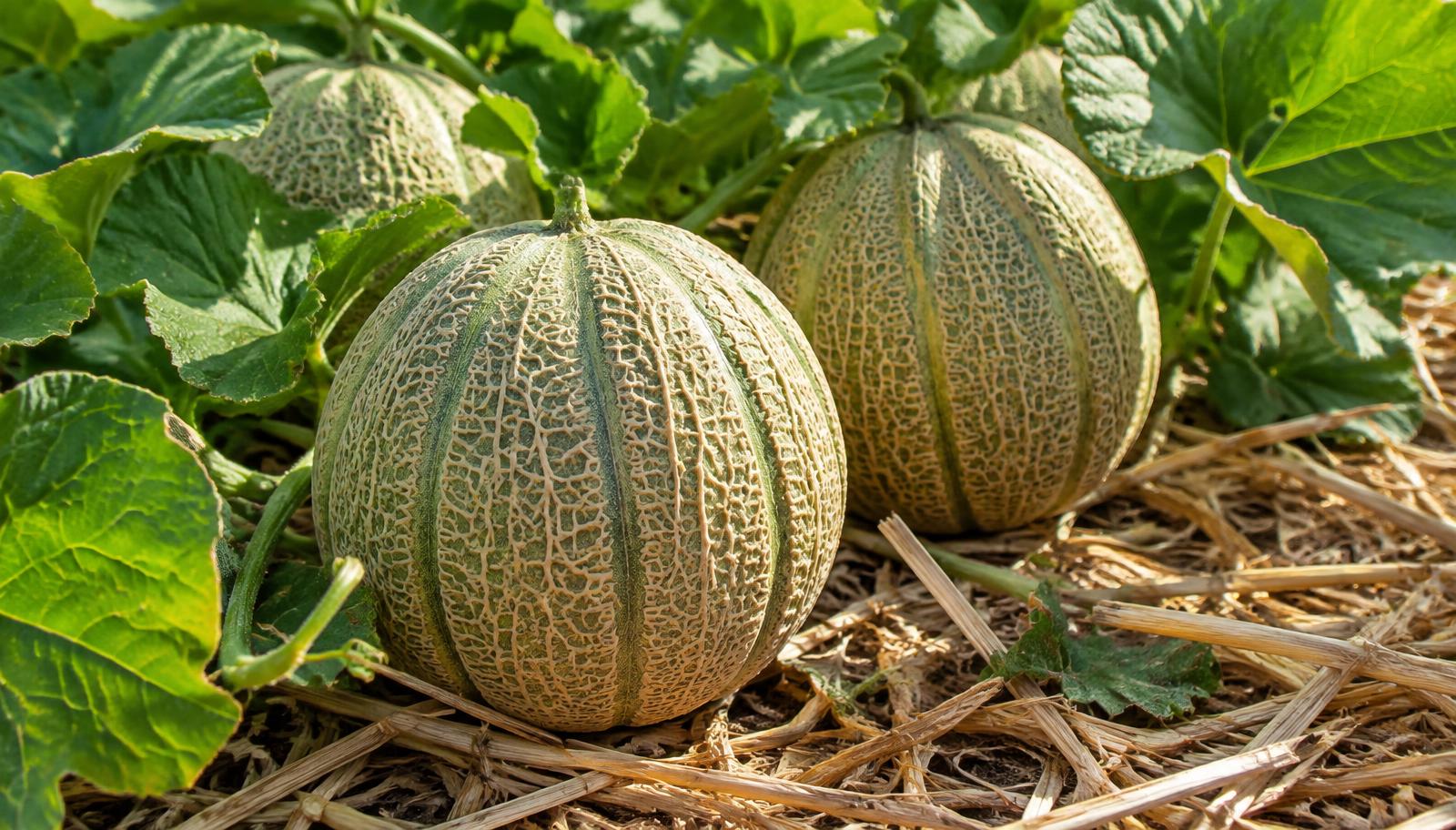 Meloni cantalupo retati appoggiati sulla pacciamatura in un orto estivo