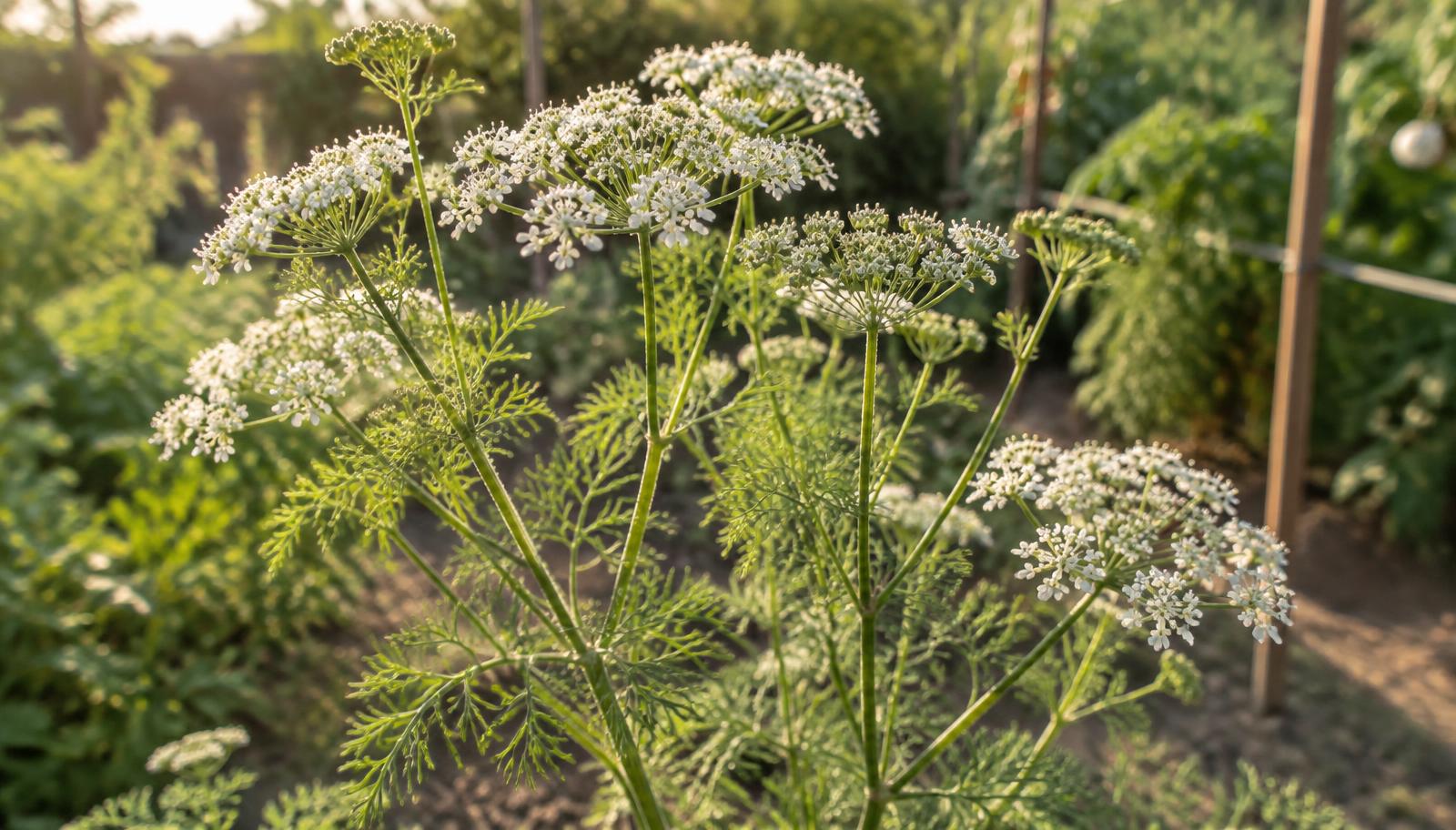 Pianta di anice verde con ombrelle bianche in fiore nell'orto