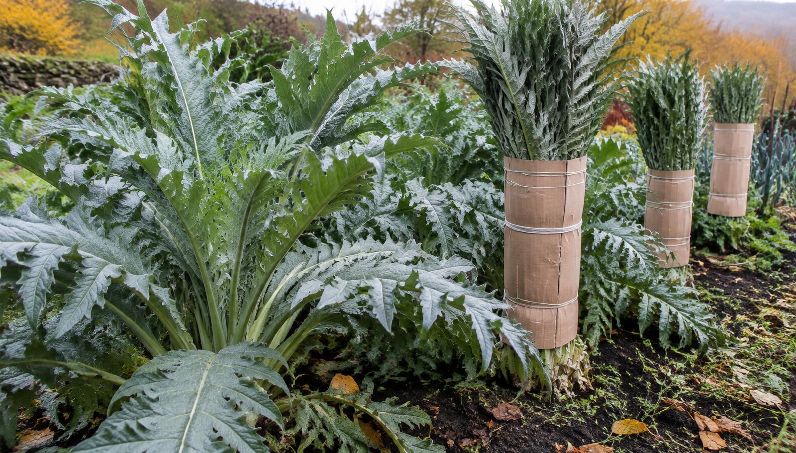 File di cardi con le coste legate e imbiancate in un orto autunnale