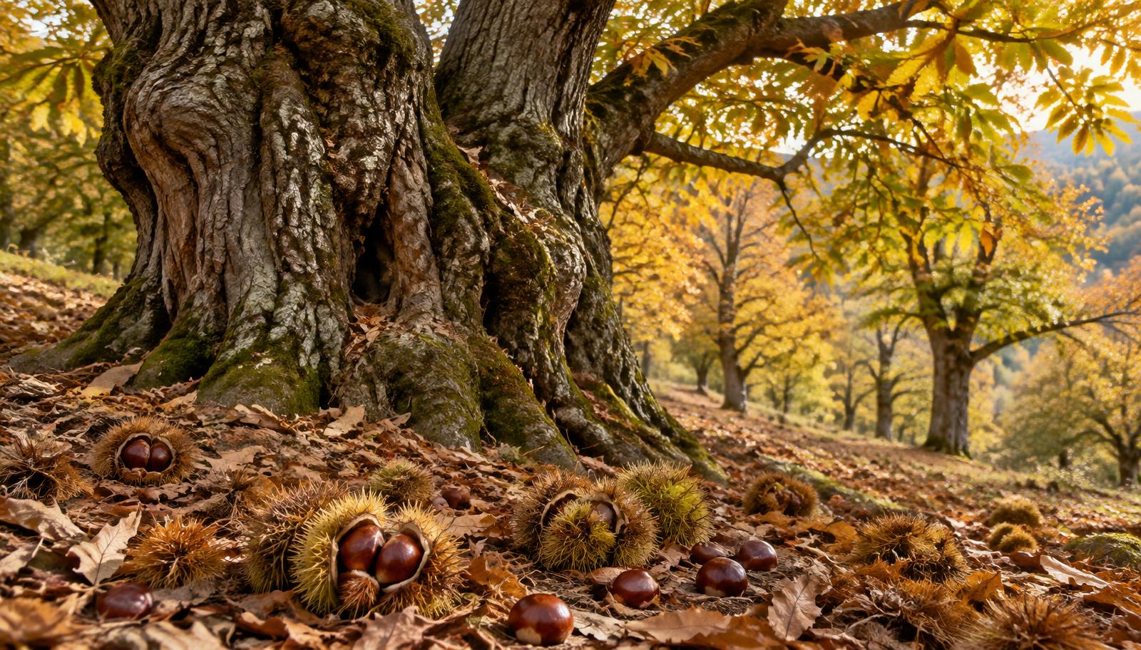 Castagno secolare con chioma ampia e ricci di castagne aperti a terra in un bosco autunnale