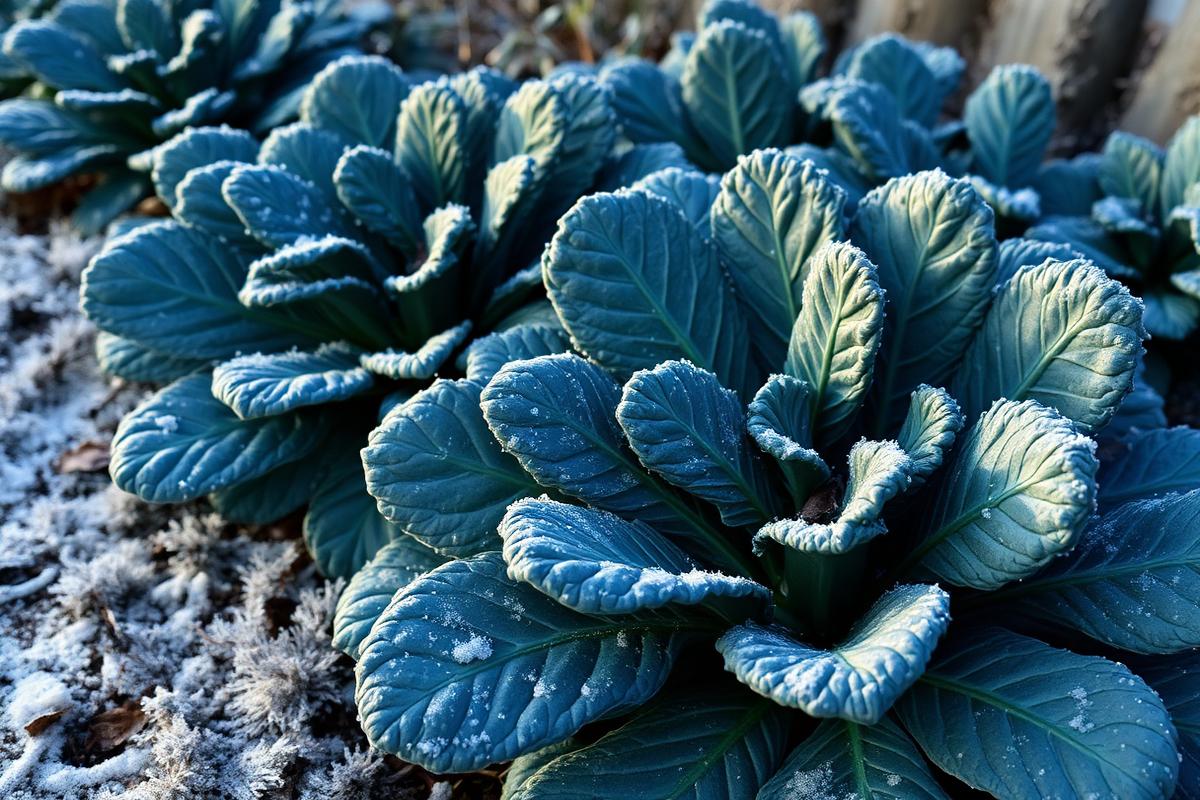 Piante di cavolo nero con foglie bollose verde-blu coperte di brina in un orto invernale