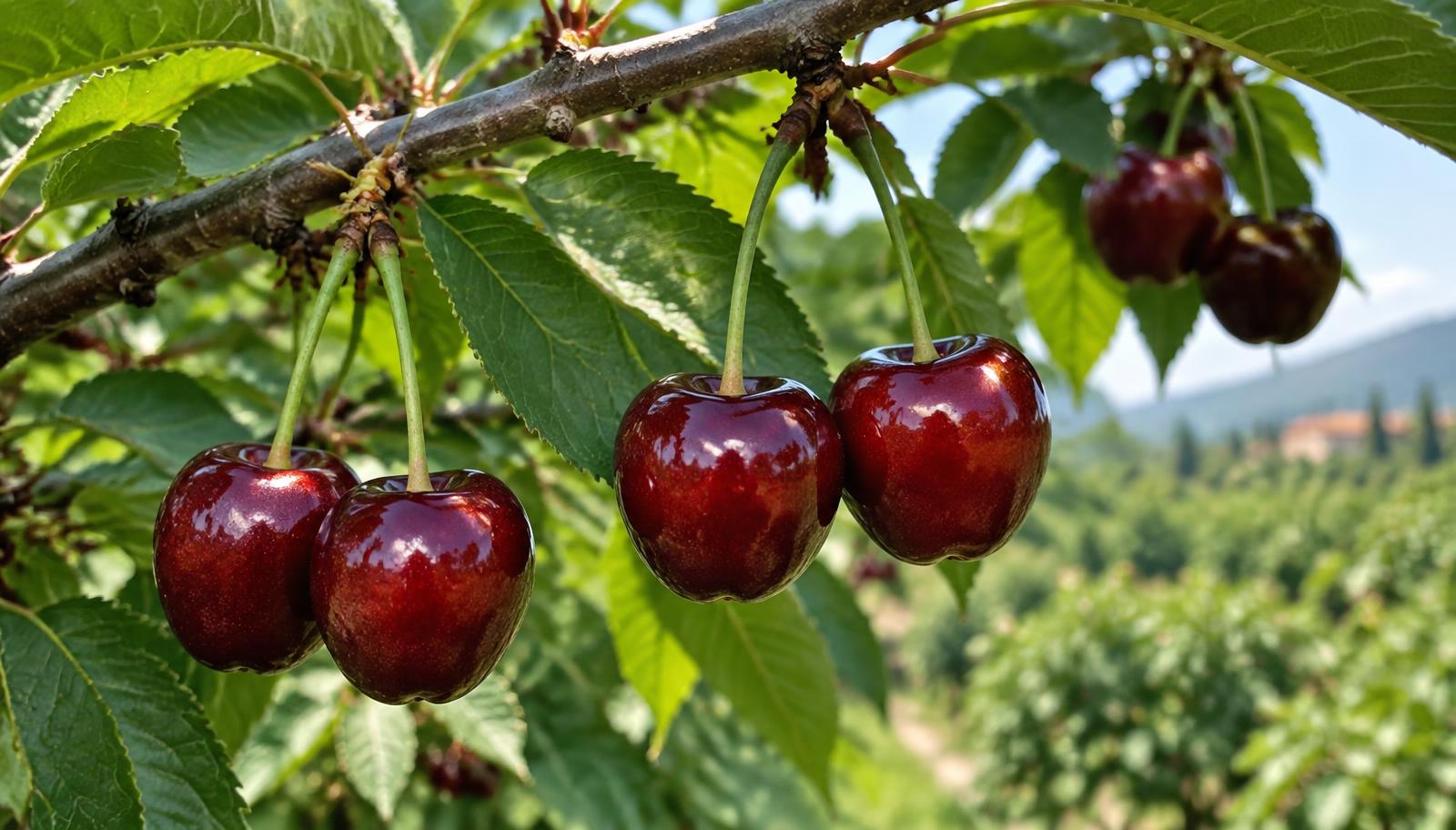 Ciliegie rosse mature a coppie sui rami di un ciliegio in un frutteto italiano a giugno