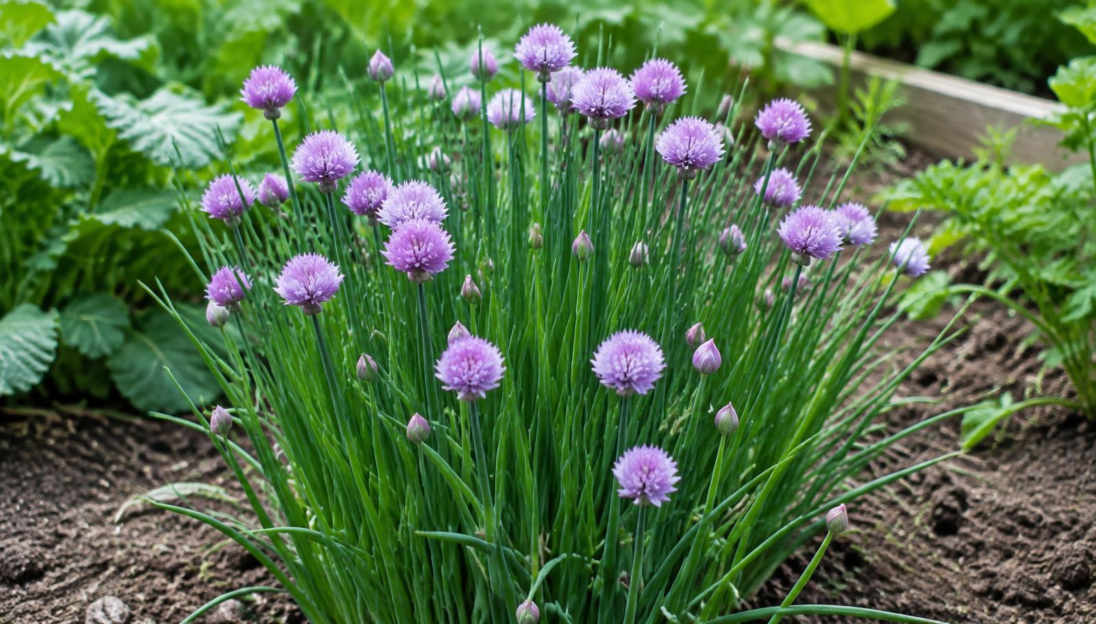 Cespo di erba cipollina con foglie tubolari verdi e fiori globosi lilla