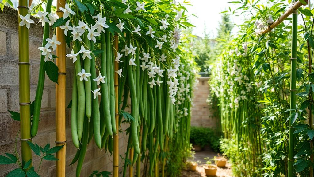 Piante di fagiolo rampicante con fiori bianchi e bacelli pendenti su canne in un orto estivo
