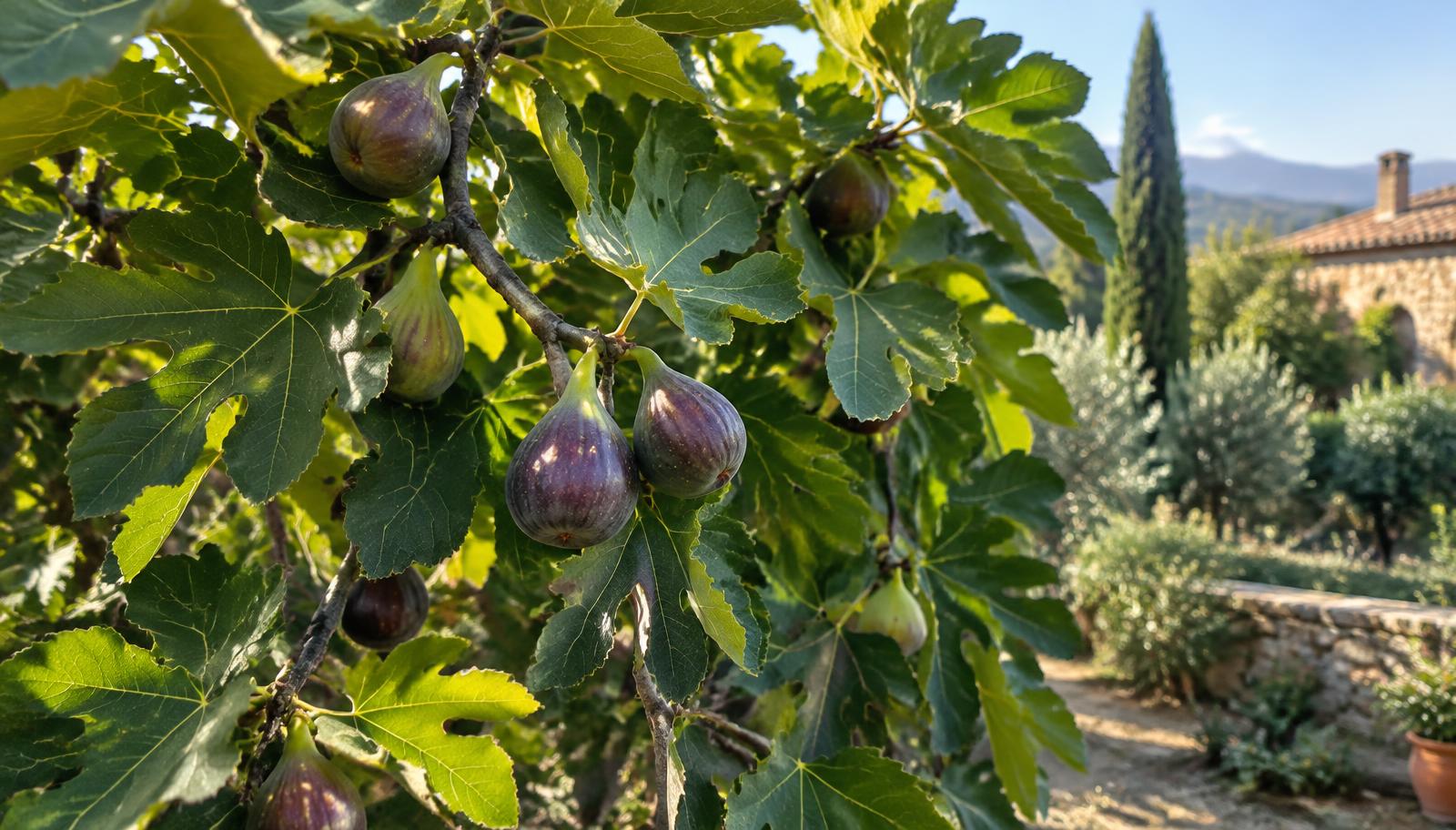 Albero di fico con frutti maturi violacei in un giardino mediterraneo a fine estate