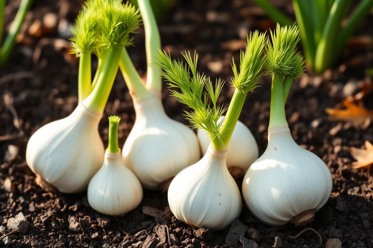 Grumoli di finocchio bianchi con fronde verdi piumose in un'aiuola dell'orto