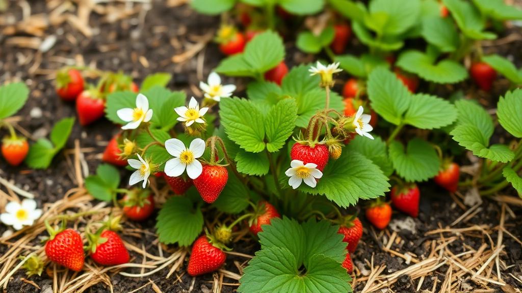 Piantine di fragola con fiori bianchi, frutti rossi e stoloni in un aiuola pacciamata con paglia