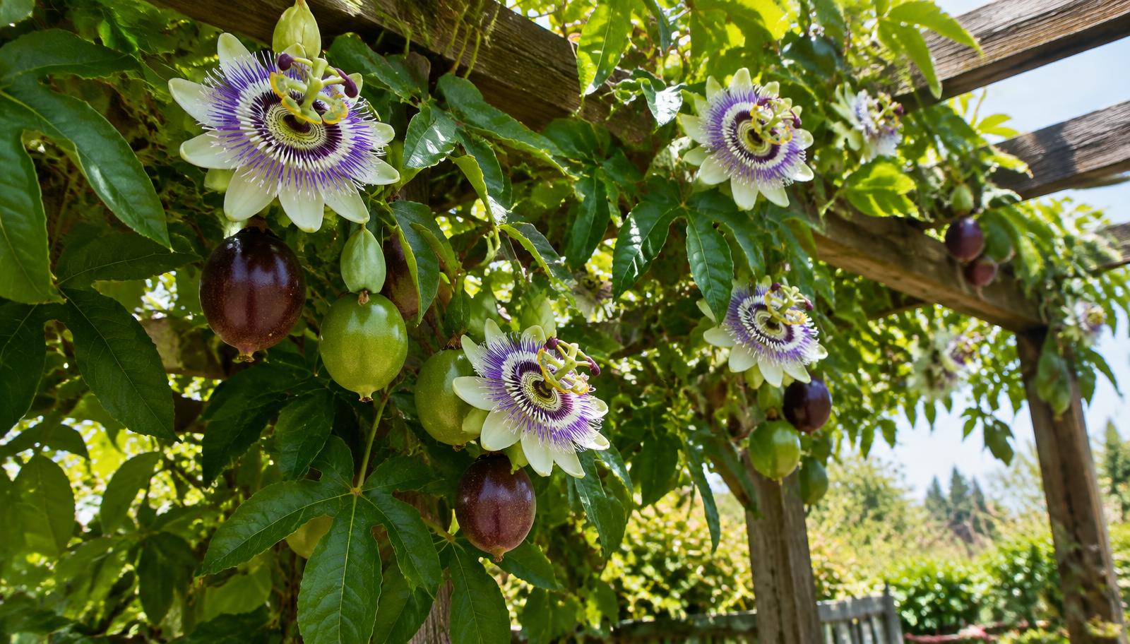 Rampicante di passiflora con fiori viola e bianchi e frutti verdi su un pergolato