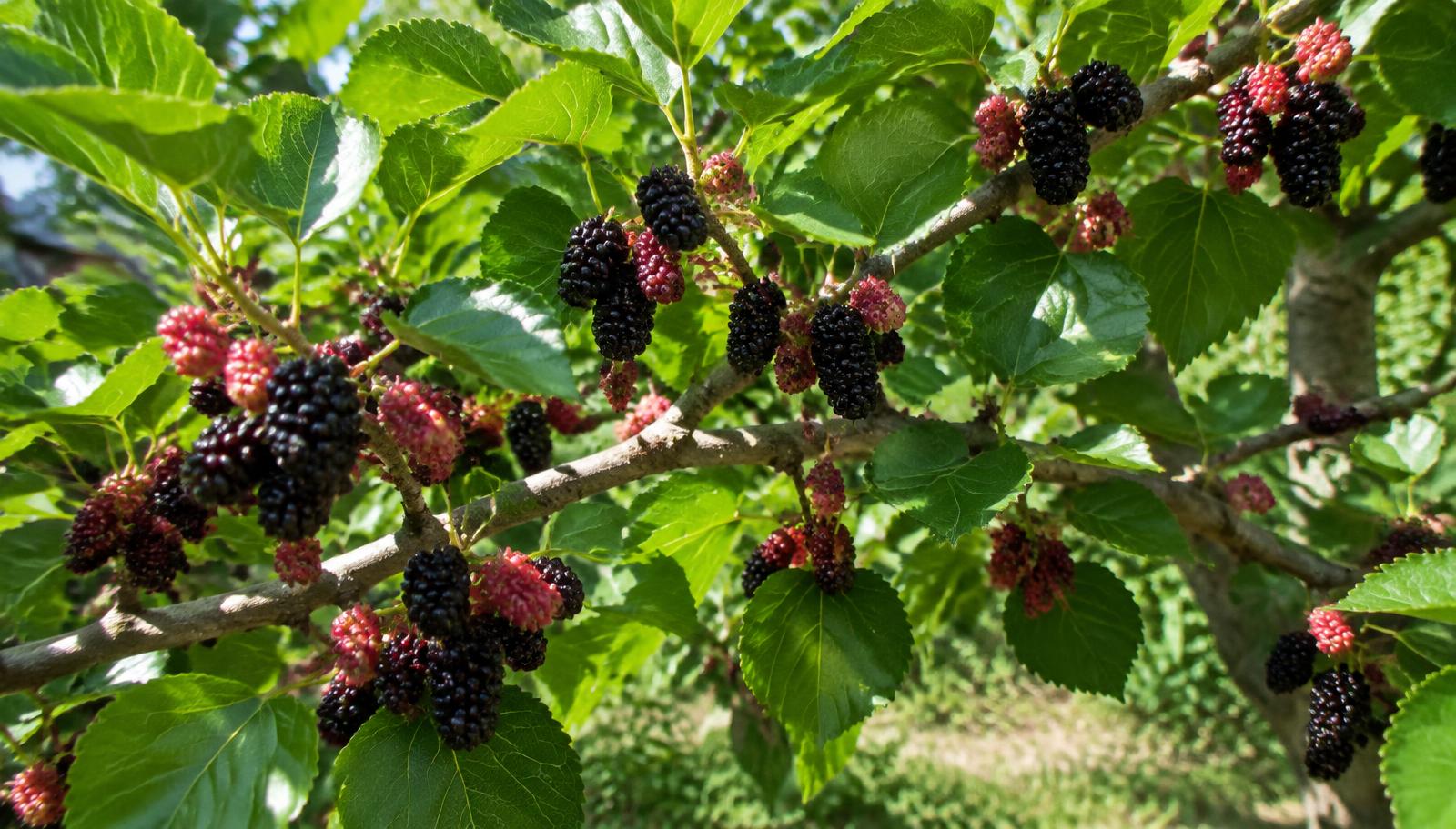 Gelso in piena estate con rami carichi di frutti neri e rosati maturi tra foglie verdi brillanti