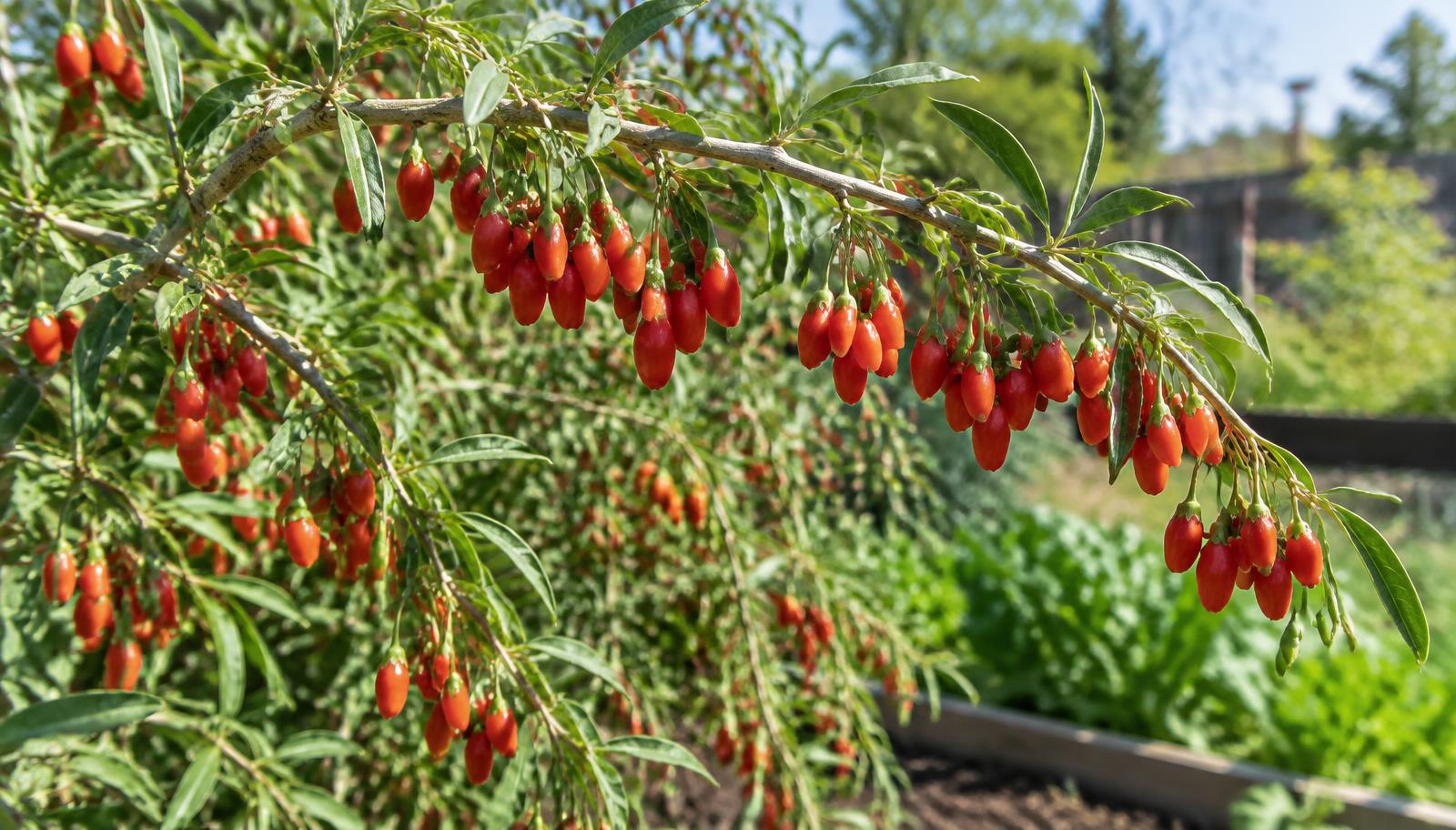 Rami di goji carichi di bacche rosse allungate in un orto soleggiato