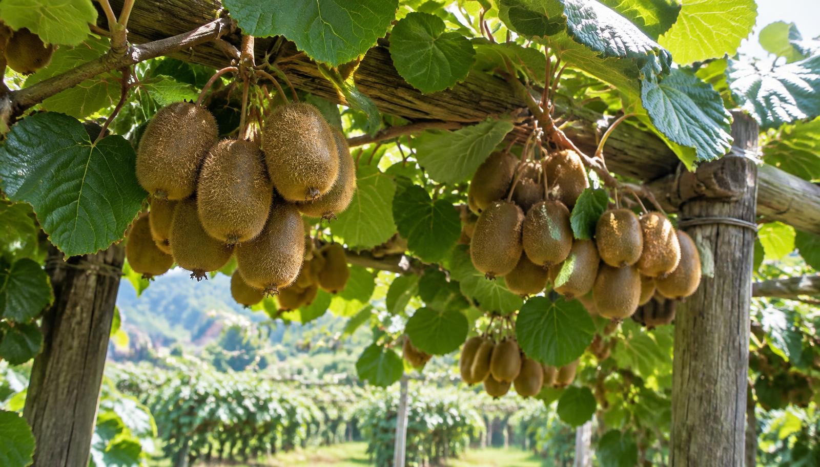 Vite di kiwi con grappoli di frutti marroni pelosi appesi sotto un fitto fogliame verde su pergola