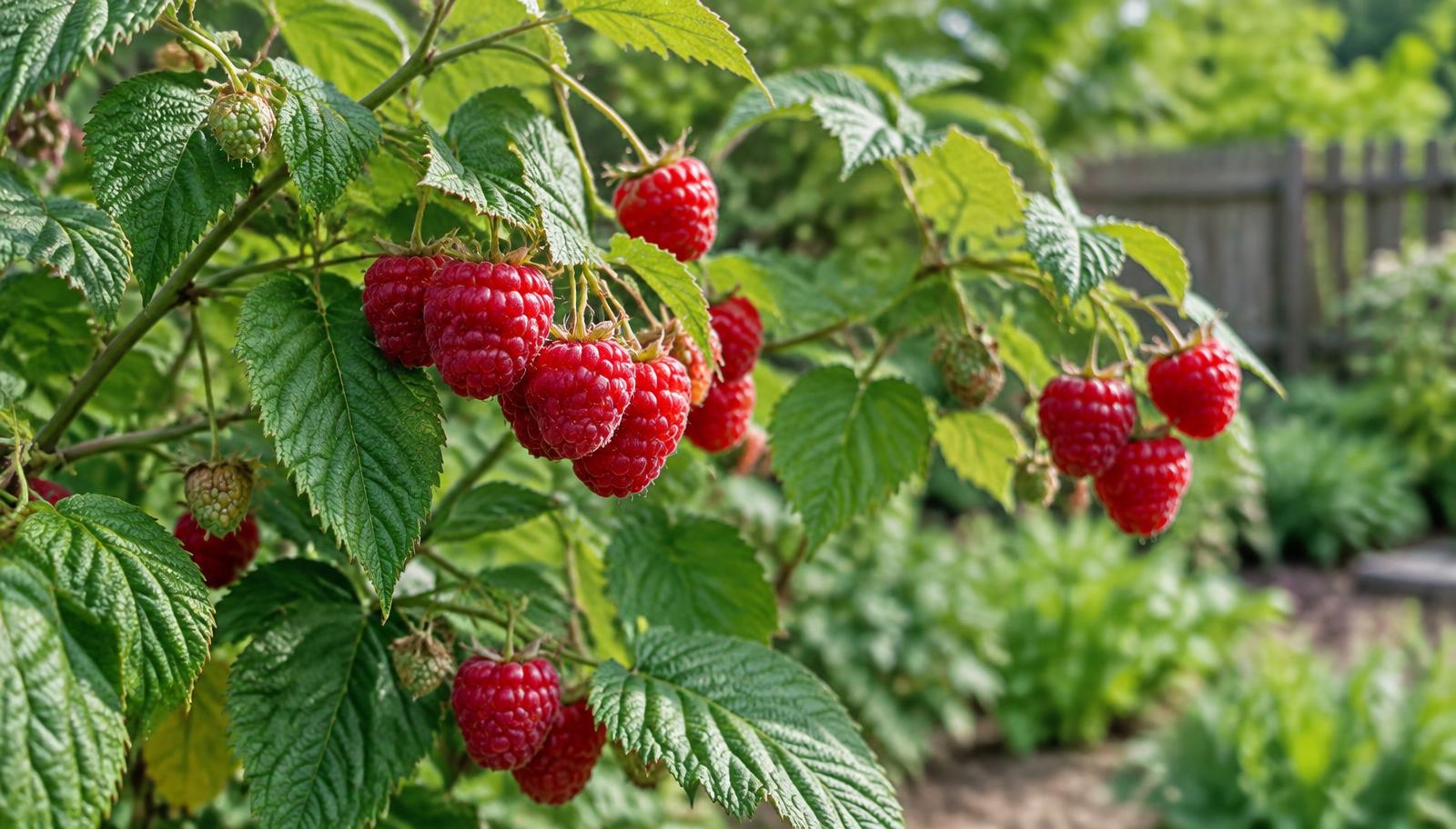 Pianta di lampone con frutti rossi maturi su tralci verdi in un orto familiare