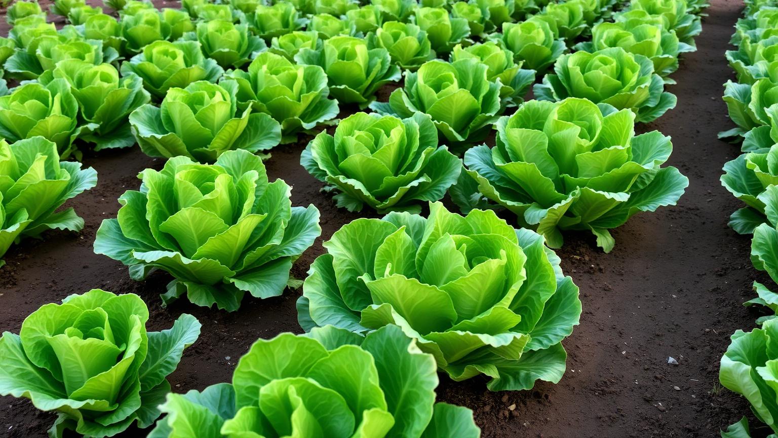 Filari di lattuga cappuccia e romana in un orto, con cespi verdi ben formati