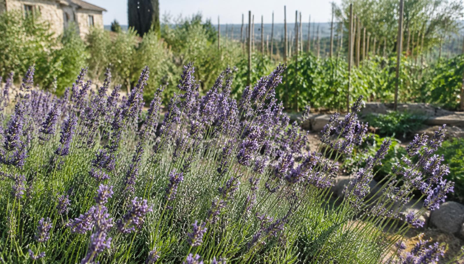 Cespugli di lavanda in fiore con spighe viola in un orto soleggiato