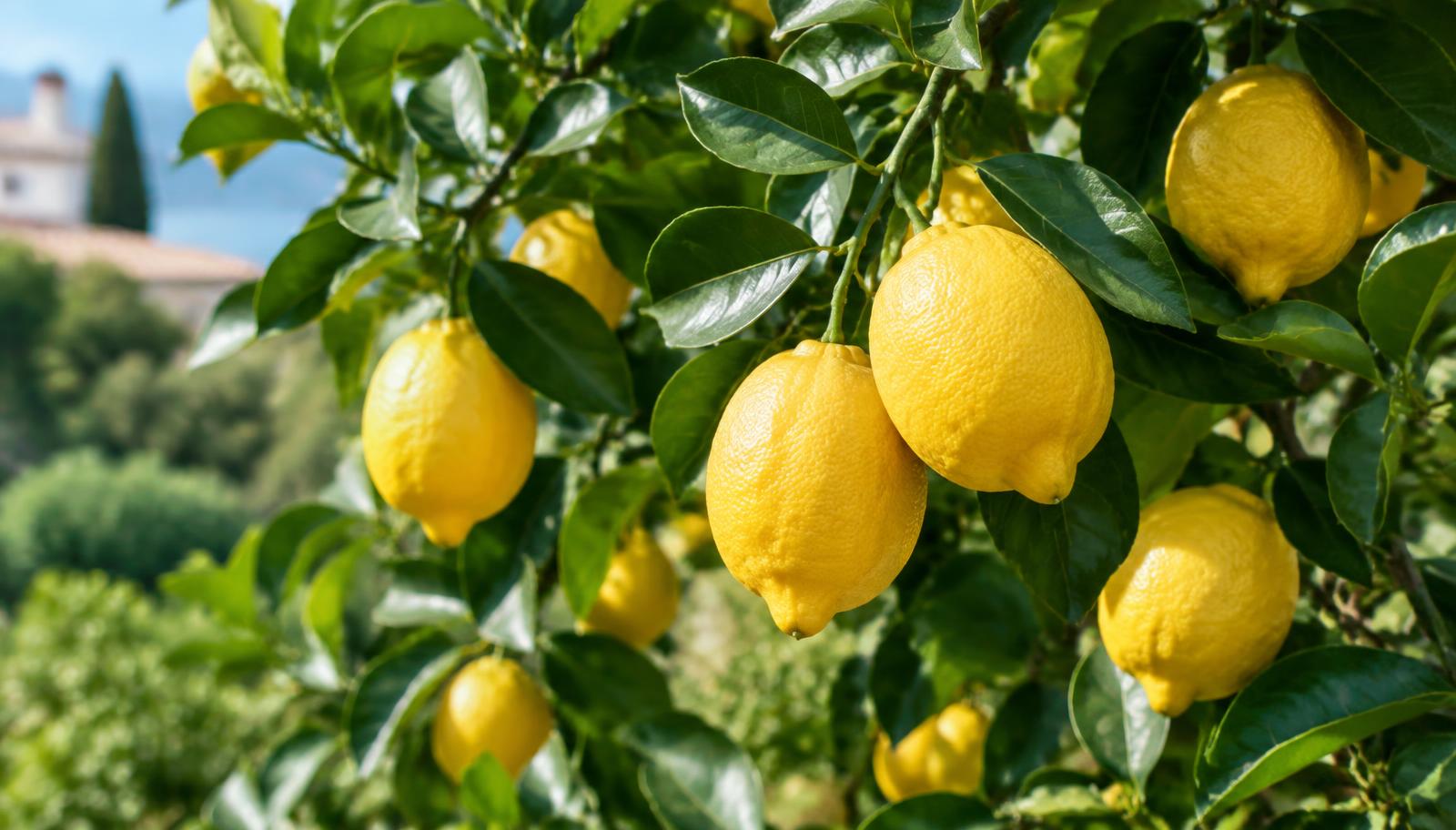 Albero di limone carico di frutti gialli maturi in un giardino mediterraneo assolato