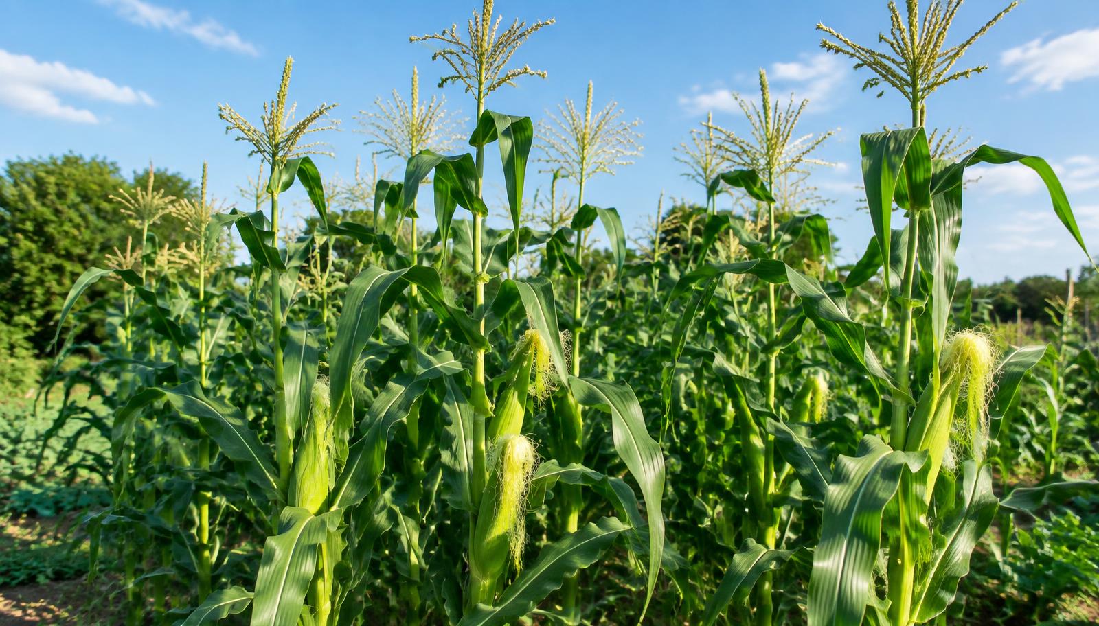 Filari di mais dolce in fiore in un orto estivo con pannocchie giovani e barbe rosate