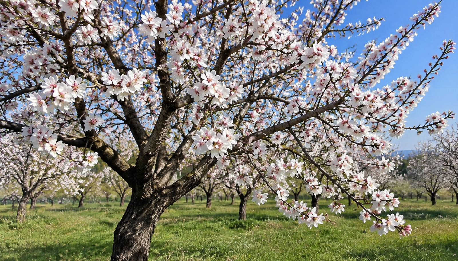 Mandorlo in piena fioritura con rami coperti di fiori bianchi e rosa contro un cielo azzurro