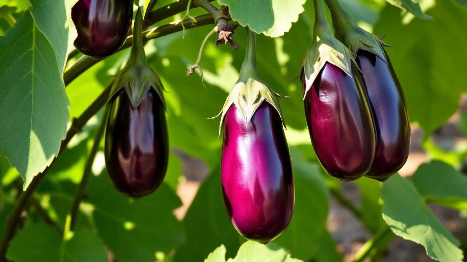 Pianta di melanzana con frutti violetti lucidi maturi in un orto estivo italiano