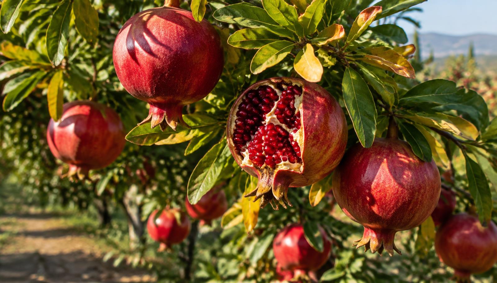 Melograno carico di frutti rossi maturi, uno aperto con gli arilli lucidi, in un frutteto italiano in ottobre