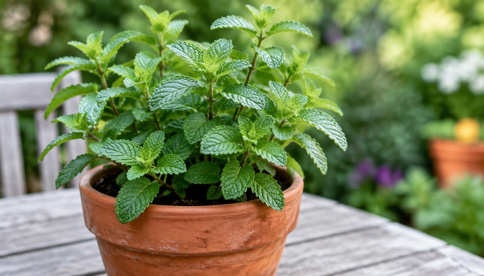 Cespo di menta con foglie verdi dentellate coltivato in un vaso di terracotta