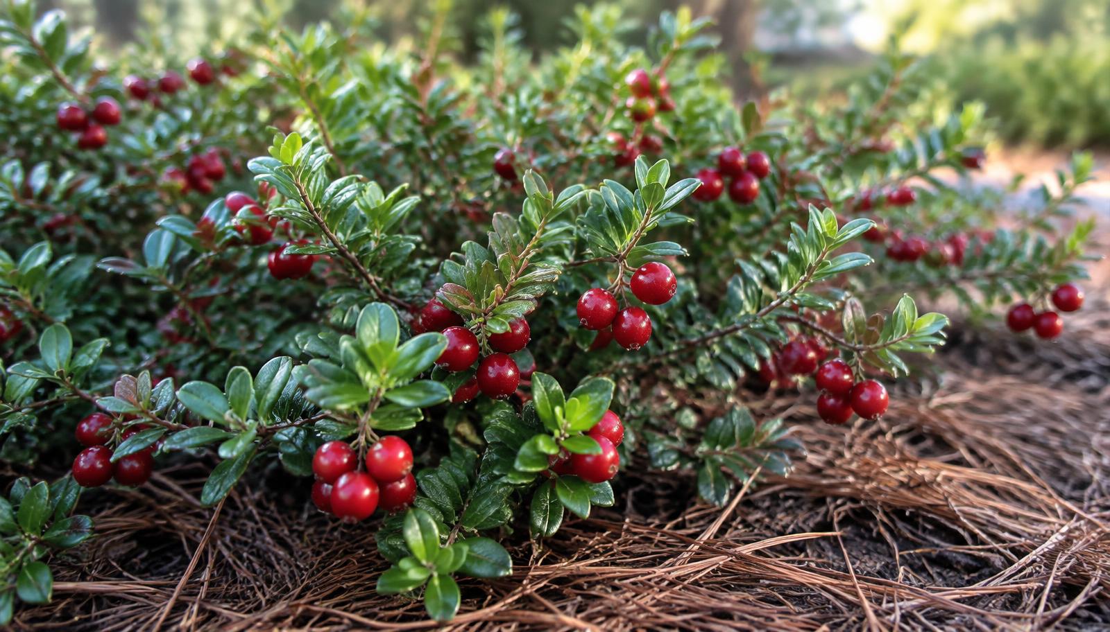 Arbusto di mirtillo rosso carico di bacche rosse lucide in un giardino acidofilo