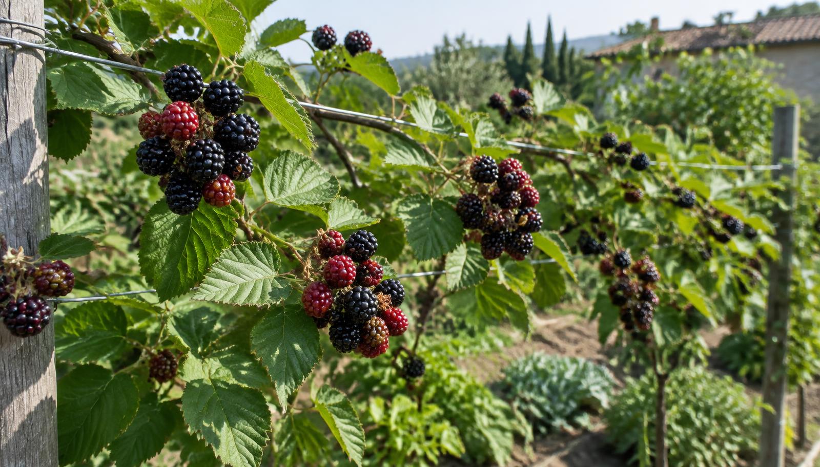 Pianta di mora di rovo allevata su fili in un orto italiano con grappoli di more nere mature e altre ancora rosse