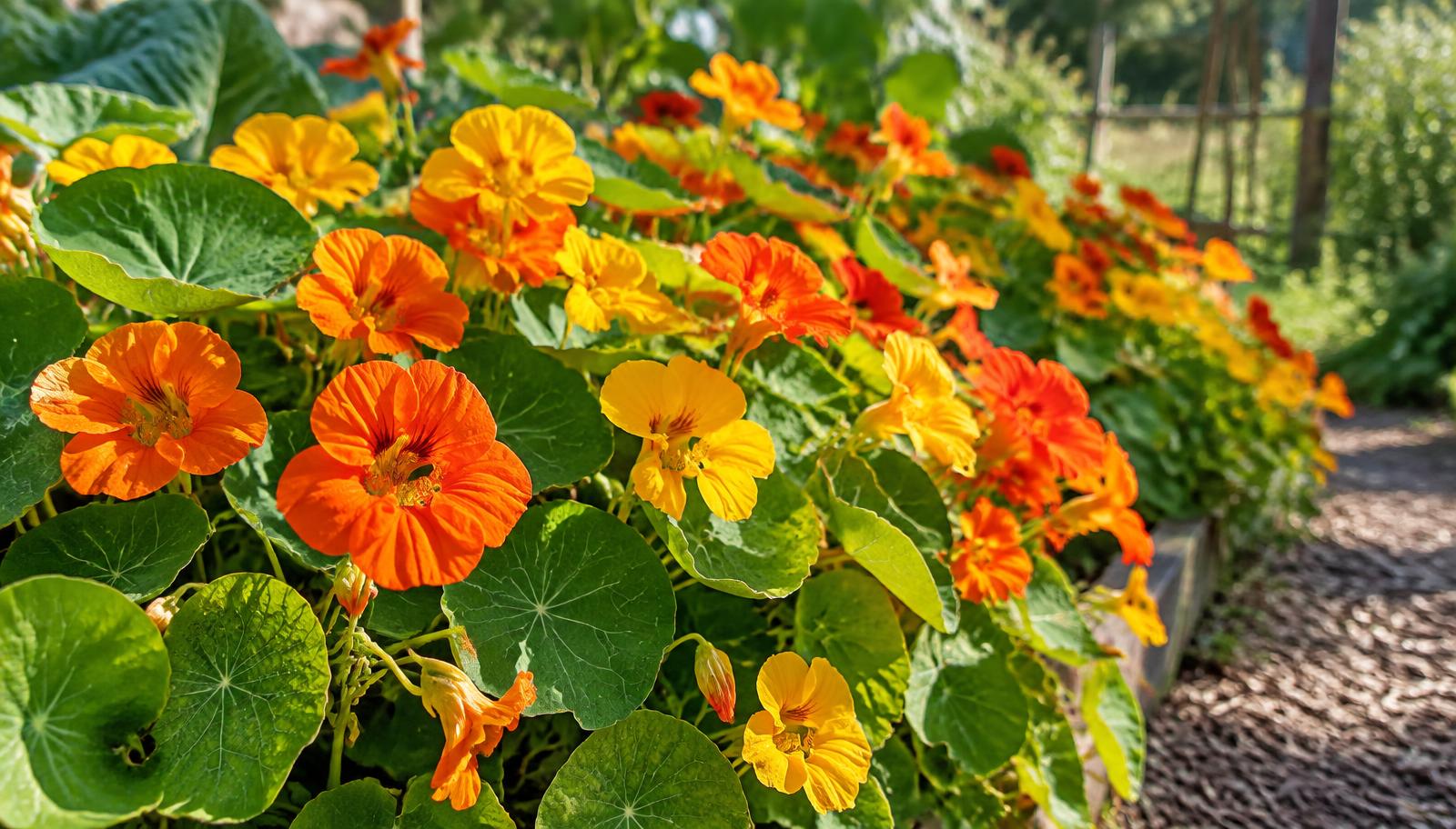Tappeto di nasturzio in fiore con fiori arancioni e gialli intensi a spugna e foglie rotonde verde chiaro con nervature radiali, in piena estate