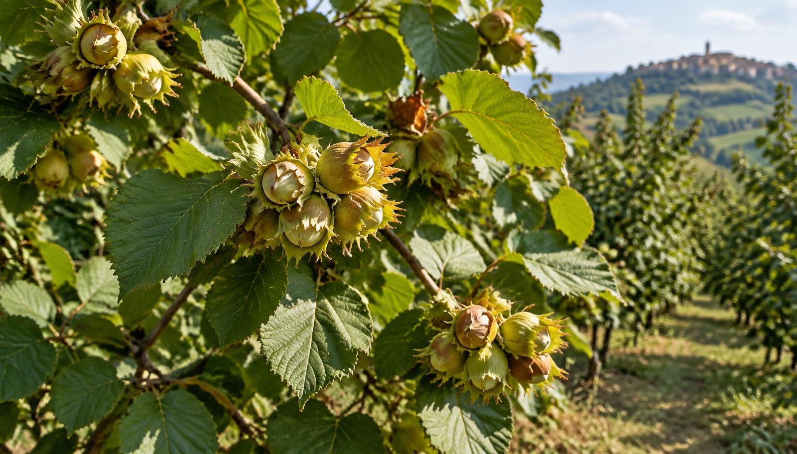 Rami di nocciolo con grappoli di nocciole nel loro involucro verde e foglie larghe dentate in un noccioleto collinare