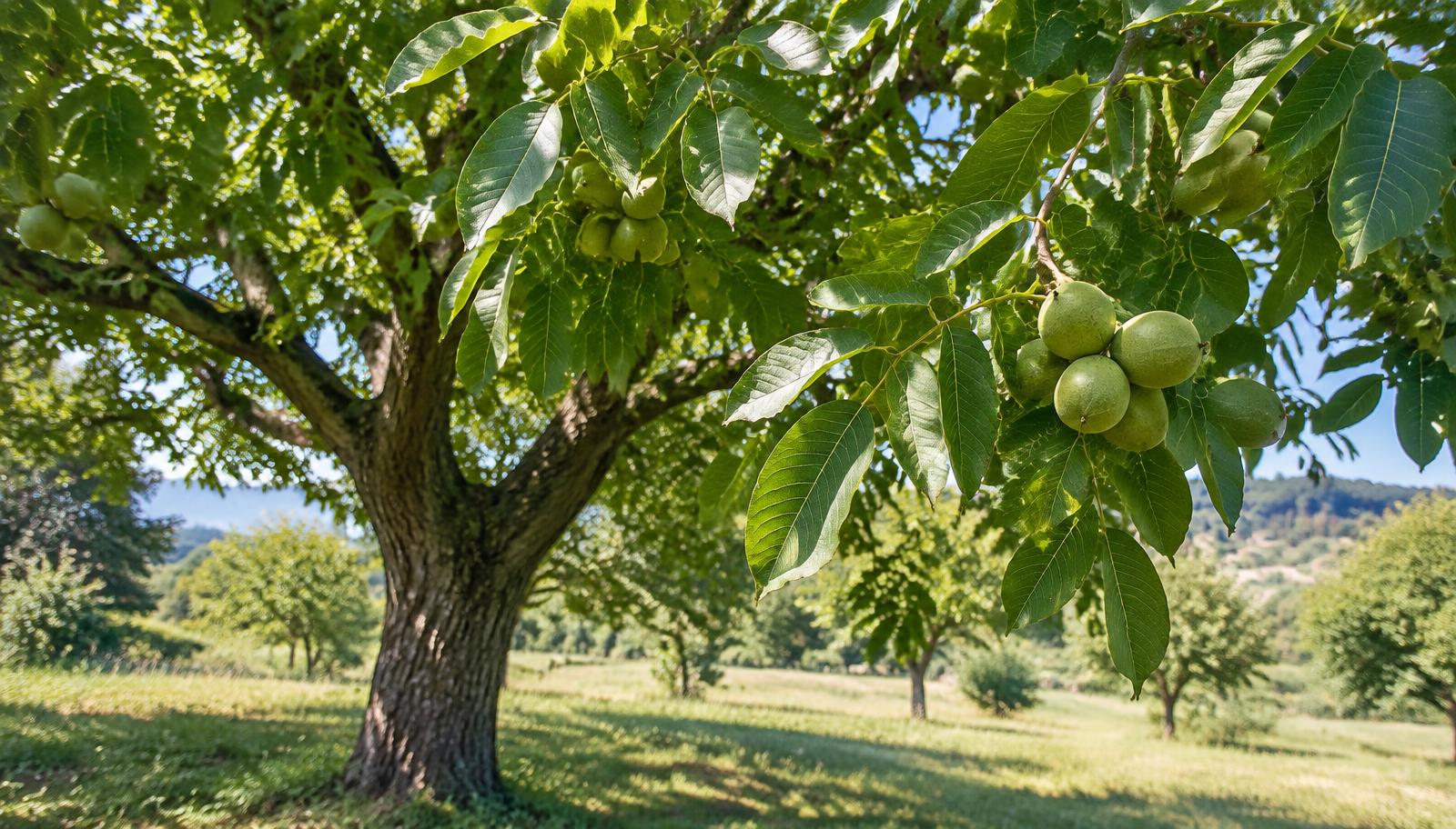 Noce maturo in piena chioma con grappoli di noci verdi sui rami in un prato soleggiato